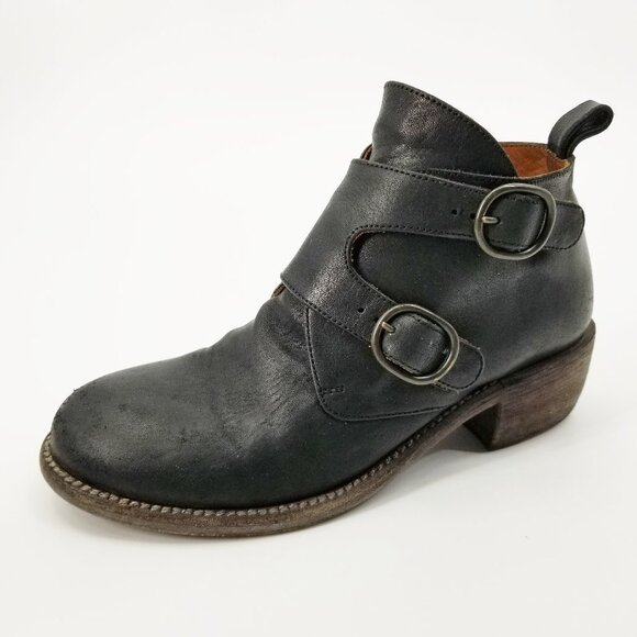P Monjo Size 6 Black Leather Double Monkstrap Ankle Boots Moto Booties Goth - Picture 1 of 12